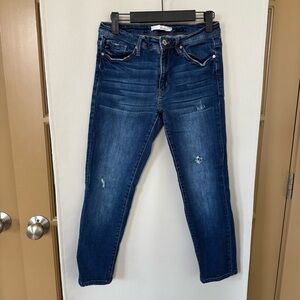 KanCan Womens 7/27 Blue Medium Wash Mid Rise Light Distressed Denim Skinny Jeans